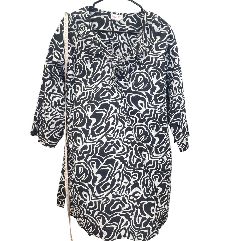 Bohemian Black White Abstract Swirl Ruffle V-Neck Cotton Tunic L/XL Mod Indie